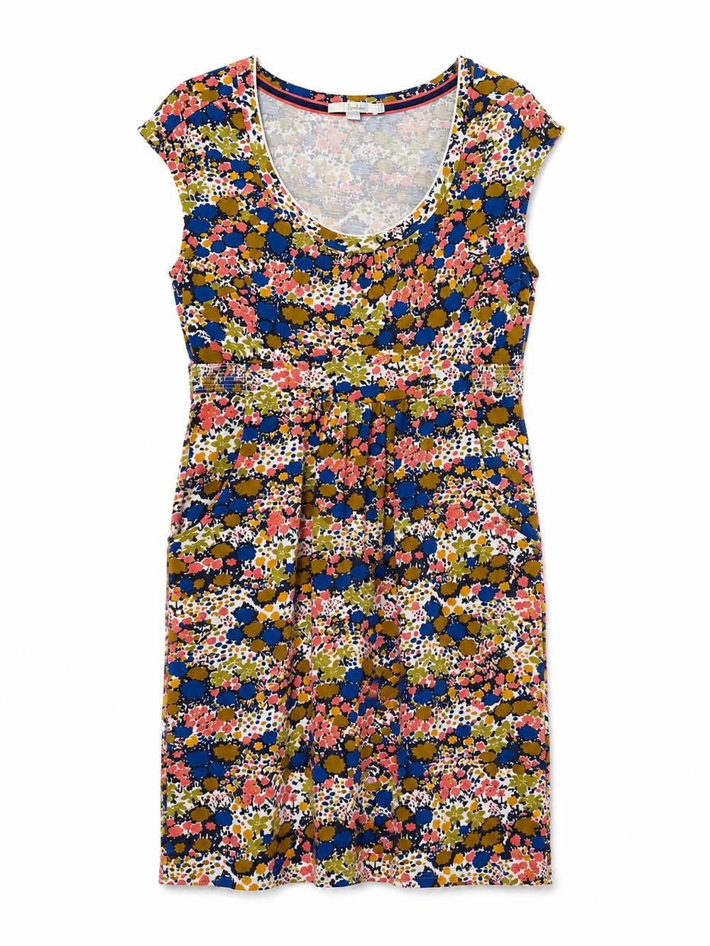 Boden Floral Scoop-Neck Cap Sleeve Dress in Olive, Navy & Coral - Size US 8